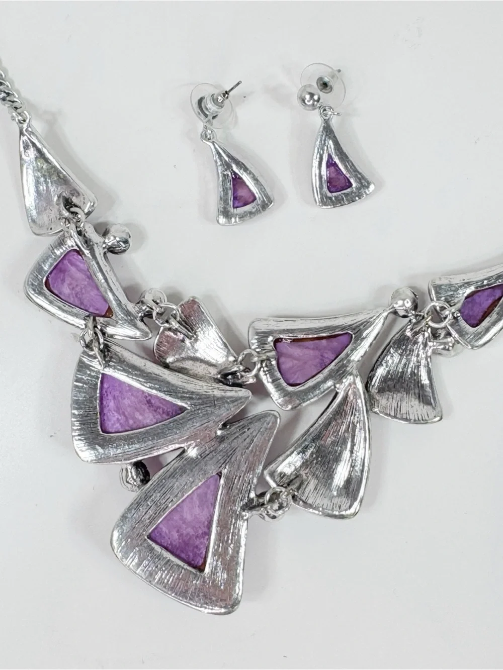 Rivir Purple and Silver Enamel Bib Statement Necklace and Earring Set Y2K‎